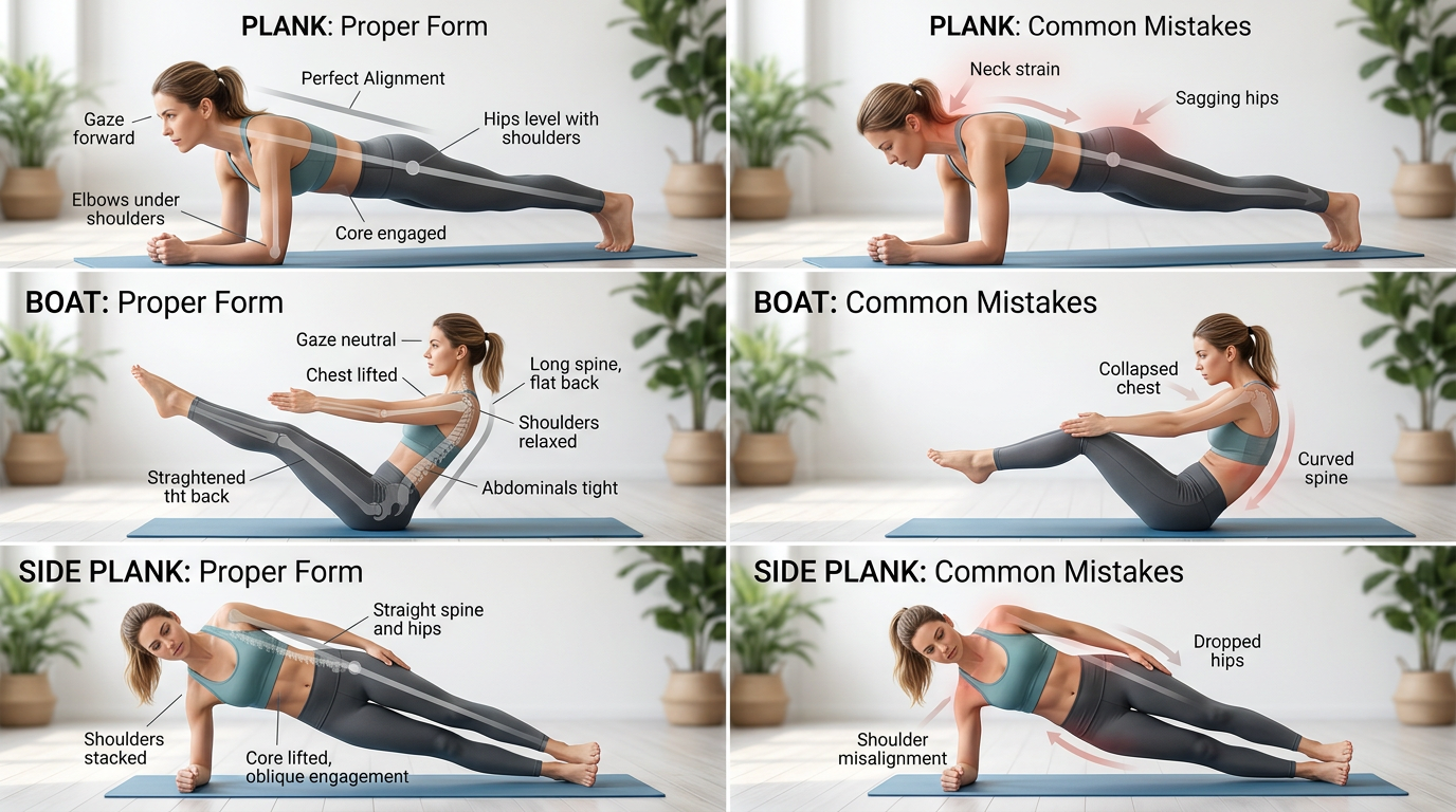 Step-by-step demonstration of proper Plank, Boat, and Side Plank form showing alignment cues and common mistakes to avoid