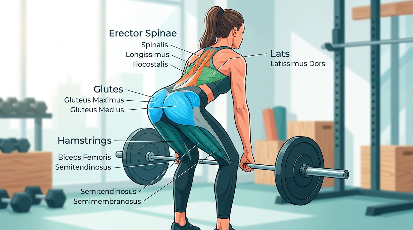 Anatomical diagram showing the posterior chain muscles activated during deadlifts, including glutes, hamstrings, erector spinae, and lats, with labels highlighting each muscle group