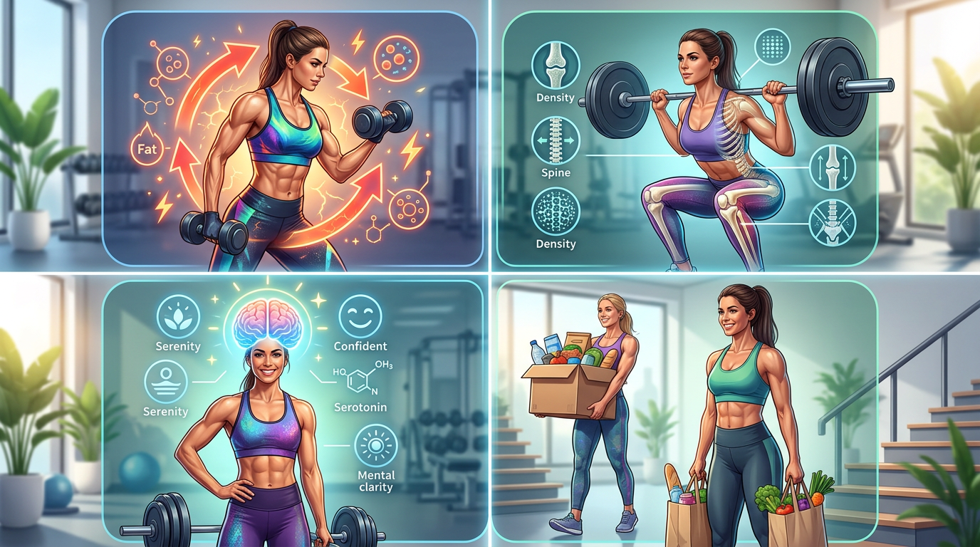 Infographic showing the benefits of bodybuilding for women including increased metabolism, stronger bones, improved mental health, and enhanced functional strength