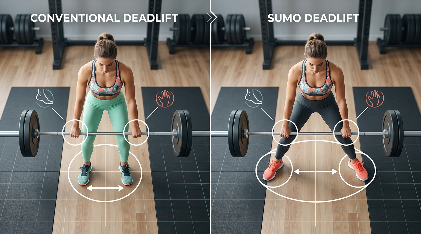 Overhead view comparison diagram showing foot positioning and hand placement differences between conventional deadlift and sumo deadlift stances