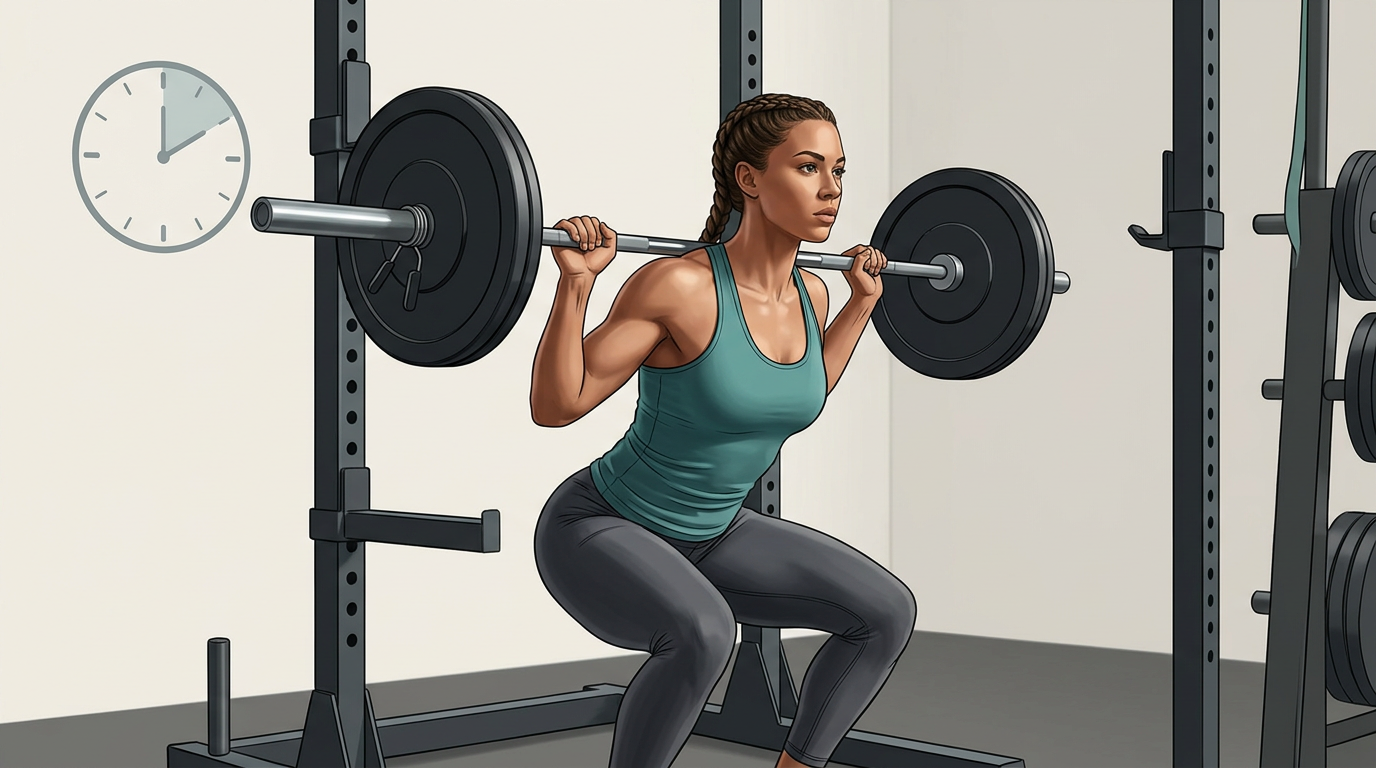 Visual guide showing proper rest periods and training tempo for different exercise types in bodybuilding programs