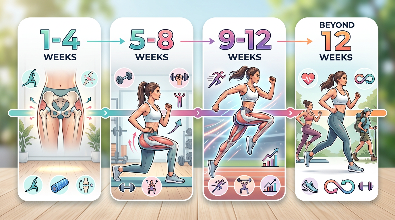 Timeline infographic showing realistic hip development progression from weeks 1-4, 5-8, 9-12, and beyond with key milestones at each stage