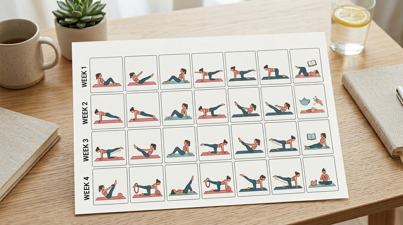Weekly workout calendar showing recommended Pilates core workout schedule with rest days, beginner routine days, and progression timeline