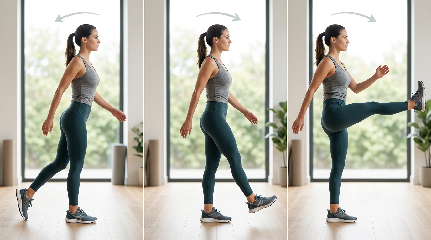 Side-view demonstration sequence showing woman performing dynamic leg swings with proper form, showing three positions of the swing motion from back to forward