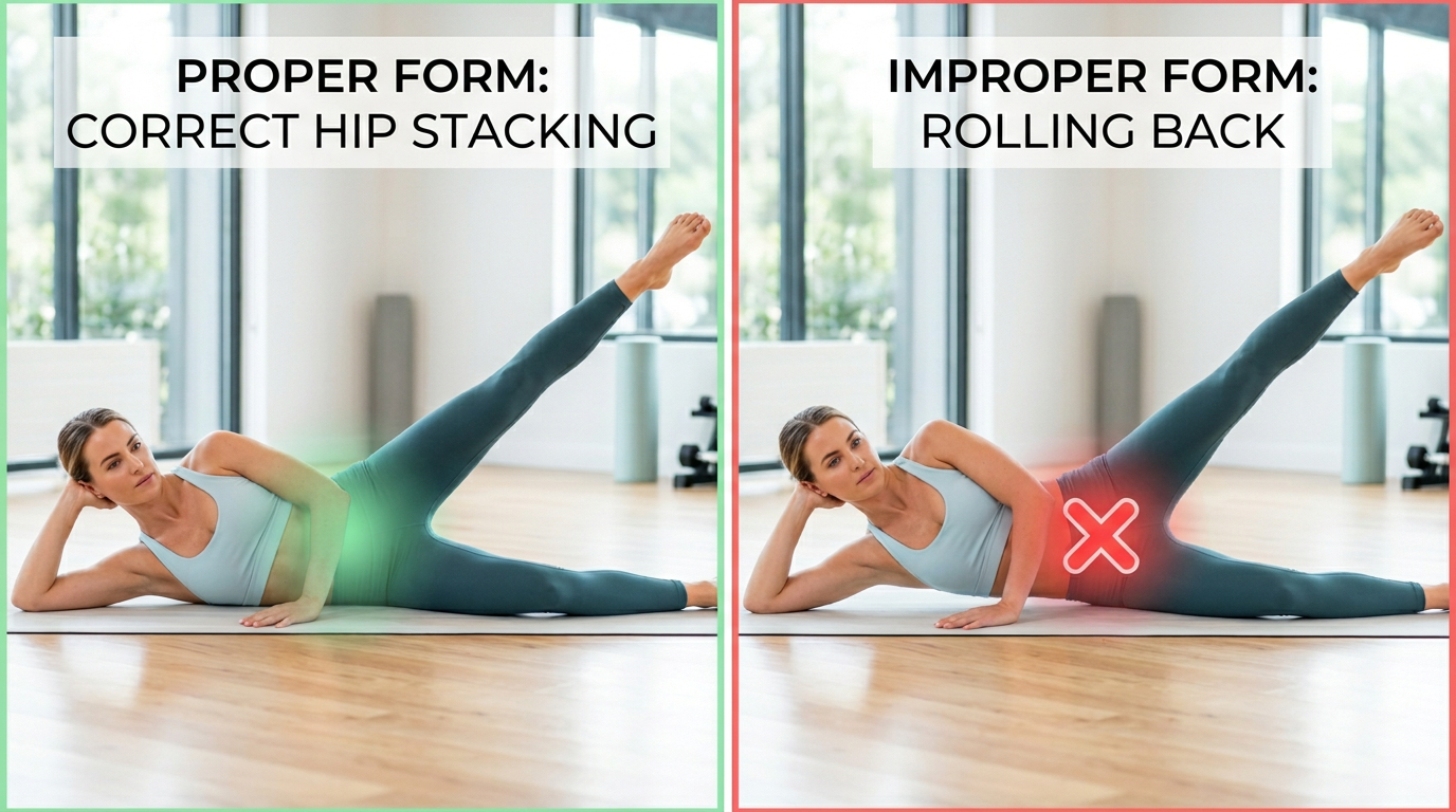 Side-by-side demonstration photos showing proper form for side-lying hip abduction exercise, highlighting correct hip stacking and leg position