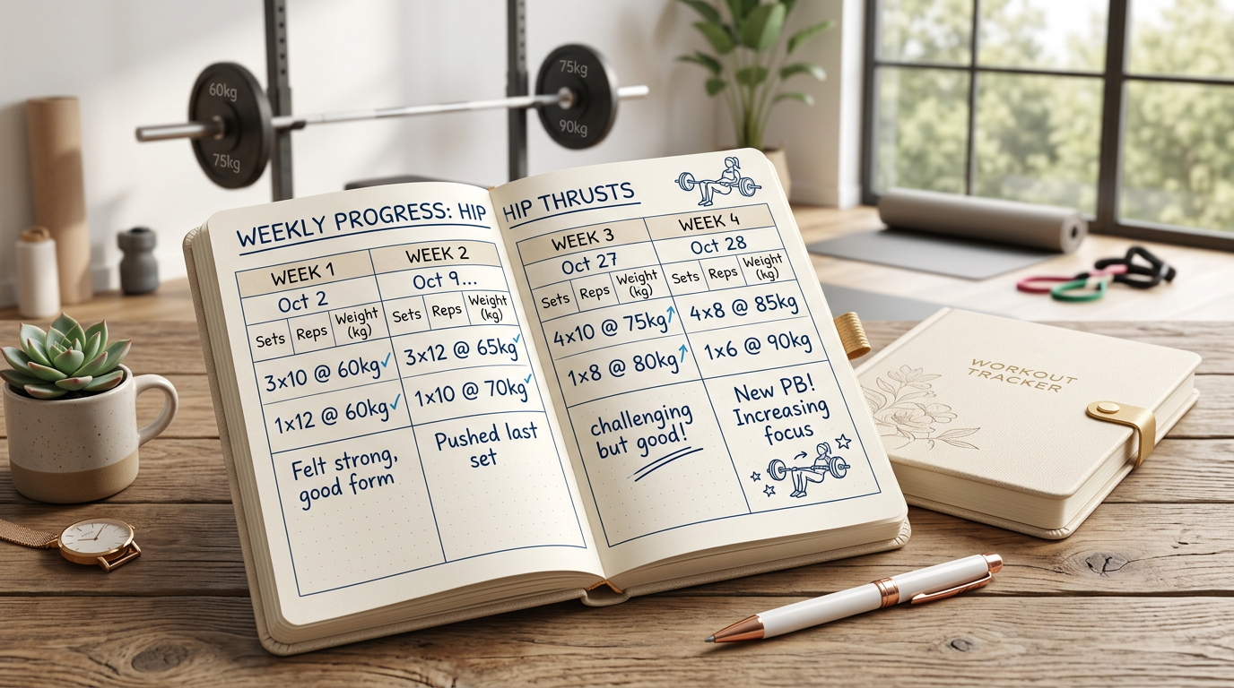 Workout tracking journal showing progressive overload with increasing weights and reps over 4 weeks for hip thrusts