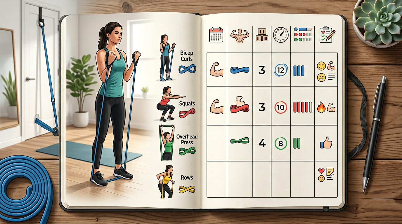 Fitness journal template showing how to track resistance band workout progress including sets, reps, resistance levels, and personal notes