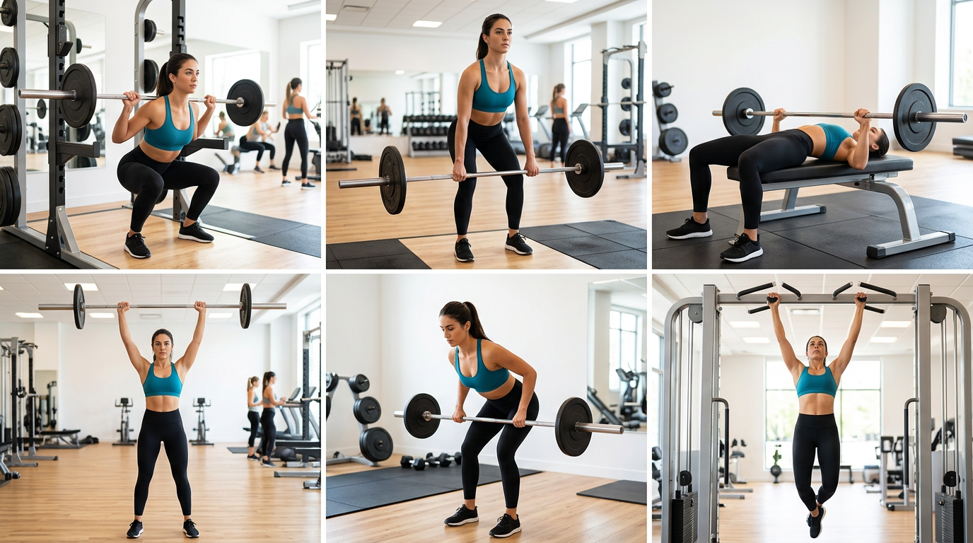 Demonstration images showing proper form for the six essential compound exercises: squats, deadlifts, bench press, overhead press, rows, and pull-ups