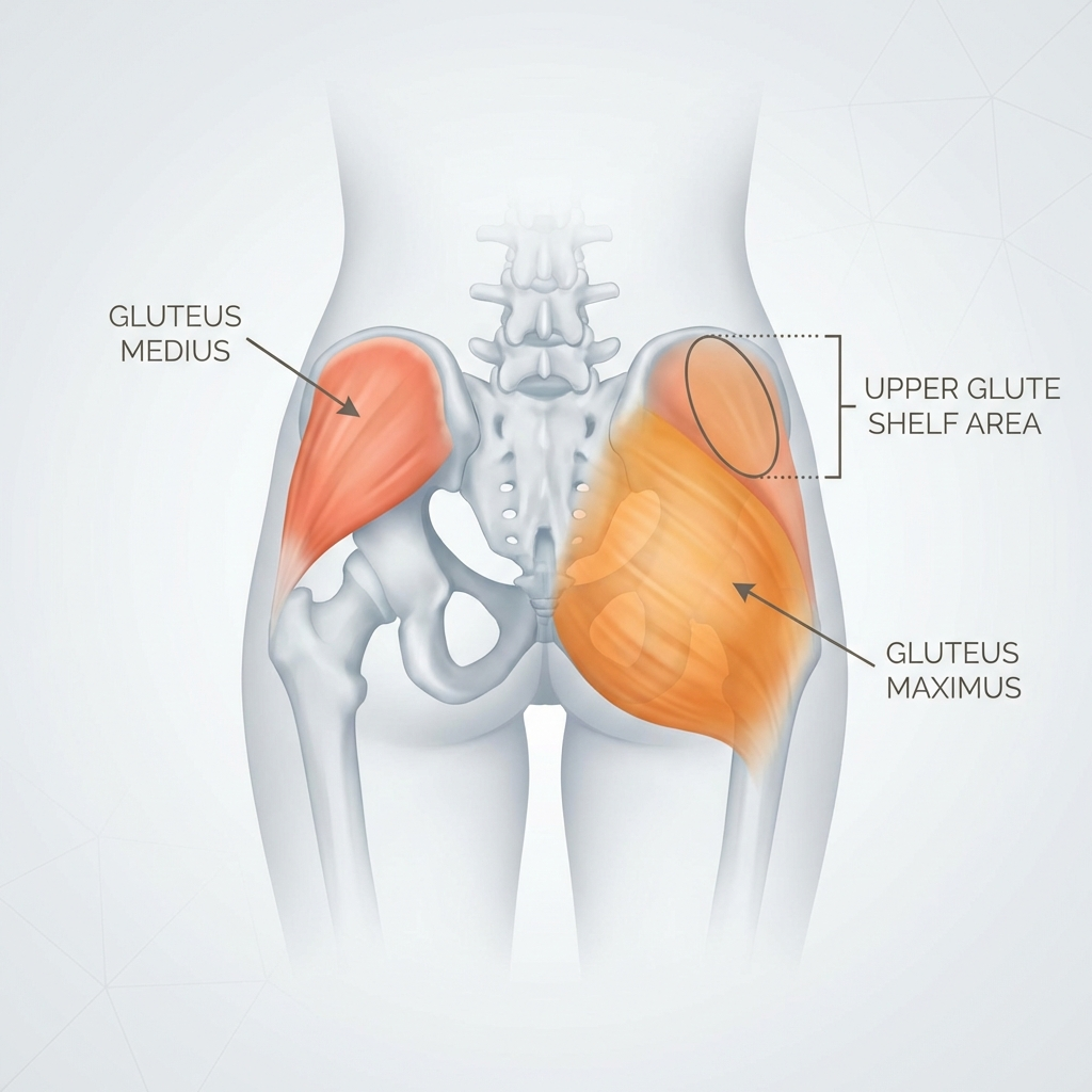 Anatomical diagram showing the gluteus medius and upper gluteus maximus highlighted, with labels indicating the upper glute shelf area