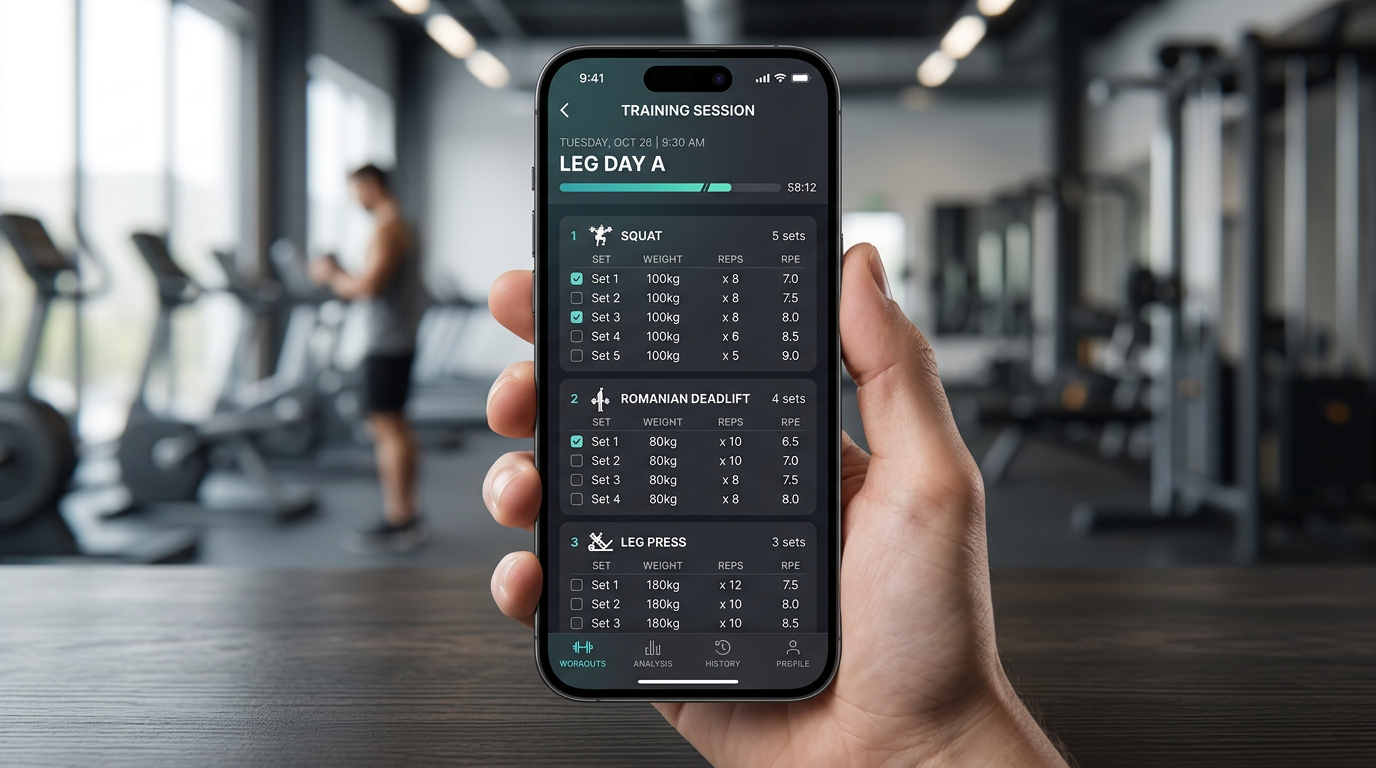 Screenshot of workout tracking app interface showing a logged training session with sets, reps, weight, and RPE clearly displayed for multiple exercises