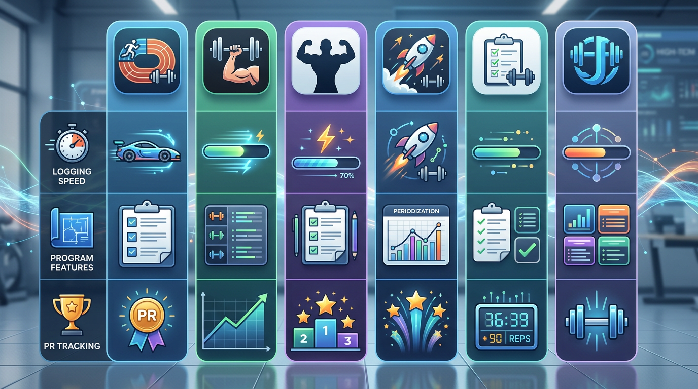 Comparison infographic showing GymTrack, Hevy, Strong, Boostcamp, FitNotes, and JEFIT apps side by side with their key features and ratings for logging speed, program features, and PR tracking