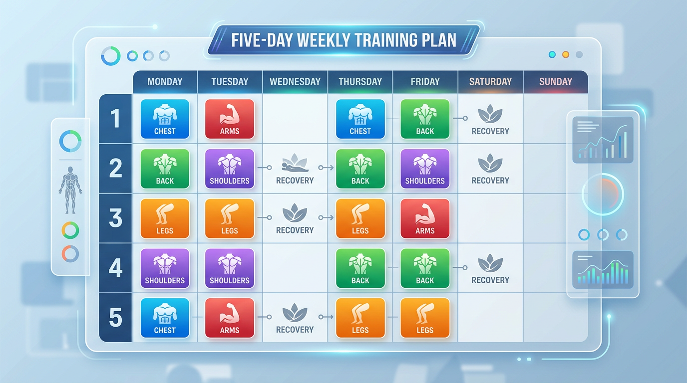 Diagram showing 5 day workout split weekly schedule with muscle groups color-coded and recovery days marked between same muscle group training sessions