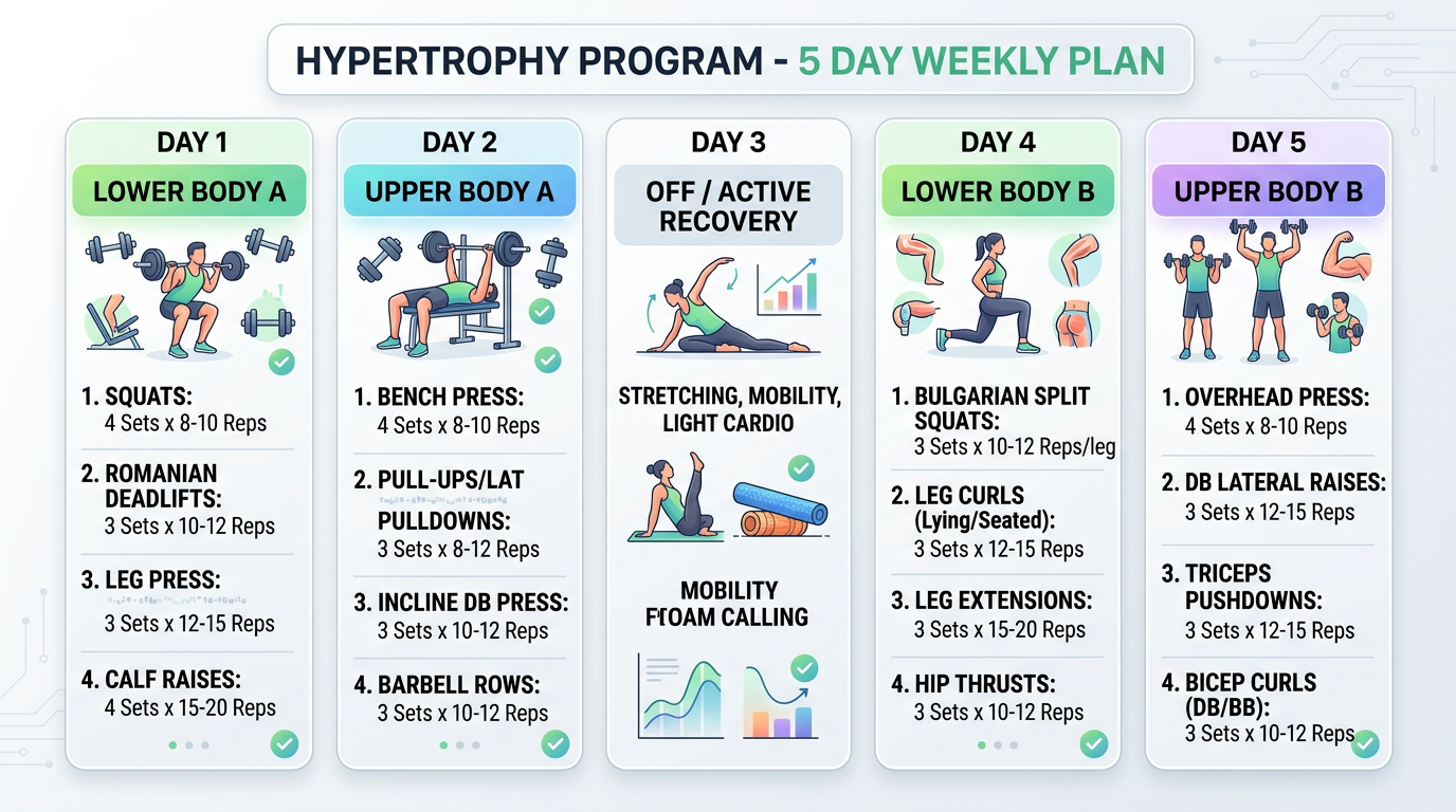 Infographic showing all 5 training days of the hypertrophy program with exercise names, sets, and reps in a clean weekly calendar format