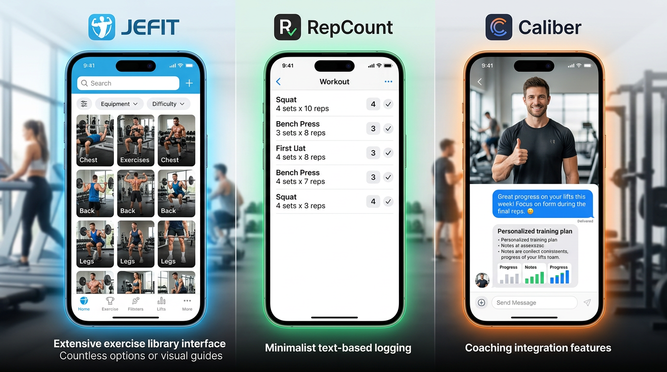 Comparison showing JEFIT's extensive exercise library interface, RepCount's minimalist text-based logging, and Caliber's coaching integration features