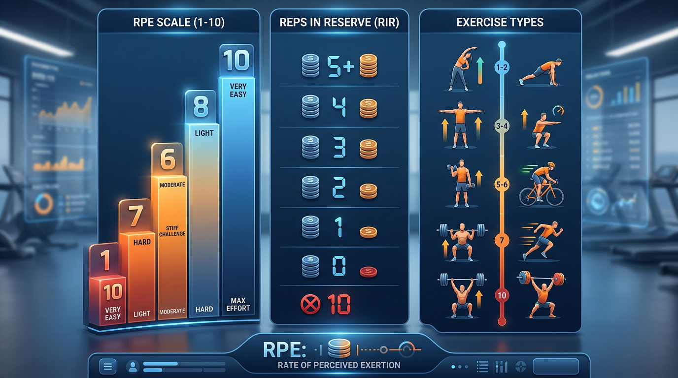 Chart showing RPE scale from 1-10 with corresponding reps in reserve and recommended exercise types for each intensity level