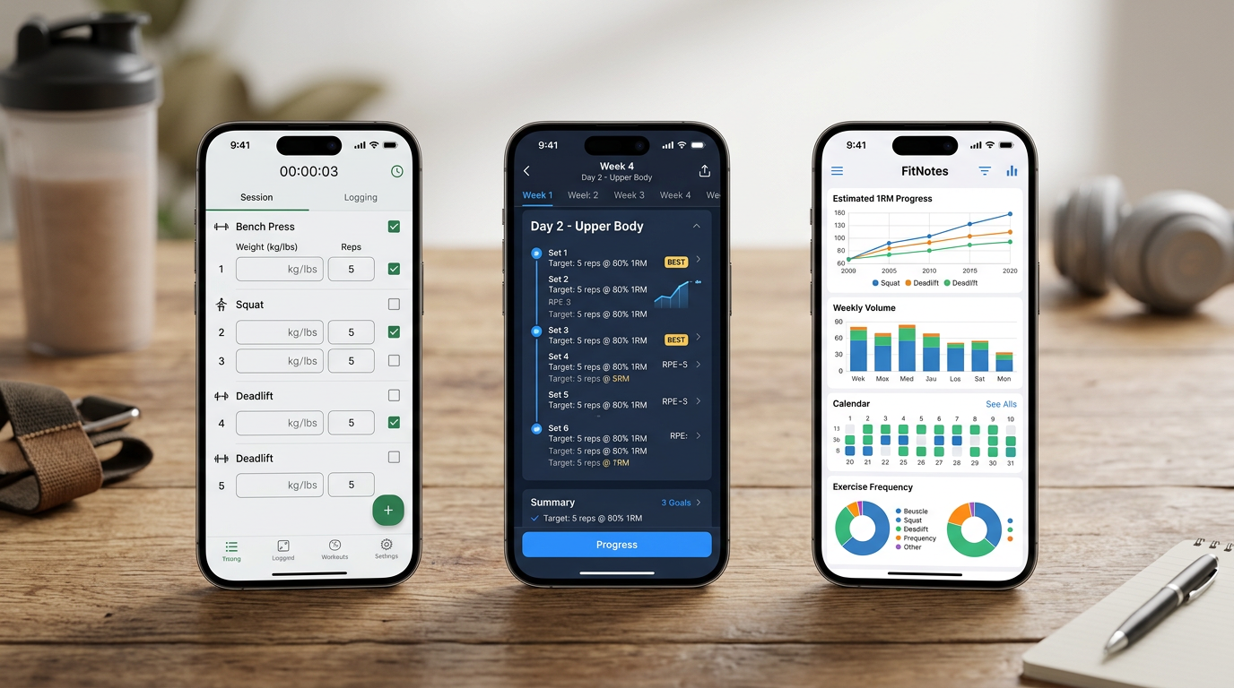 Side by side comparison of Strong's simple logging screen, Boostcamp's program interface with per-set targets, and FitNotes' analytics charts