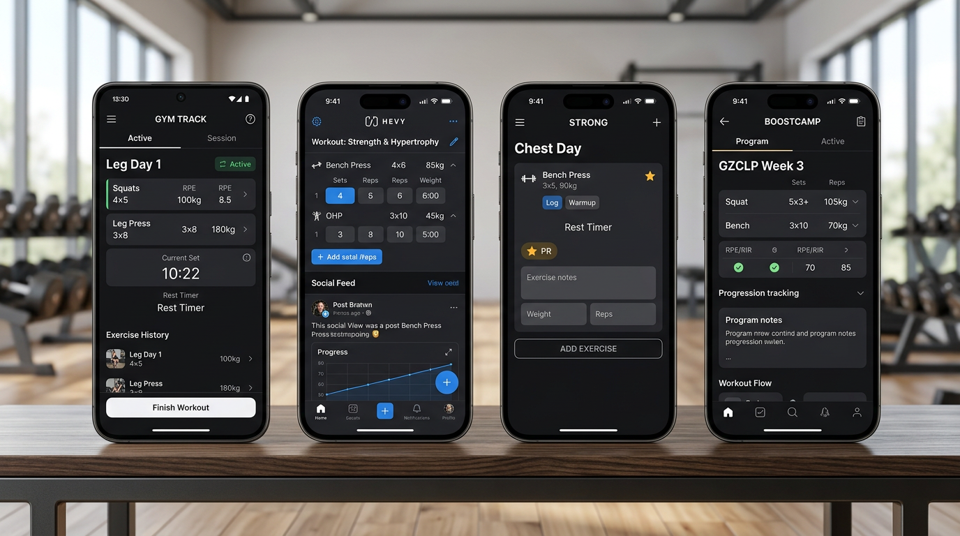 Side-by-side comparison screenshots of Gym Track, Hevy, Strong, and Boostcamp apps showing their workout logging interfaces