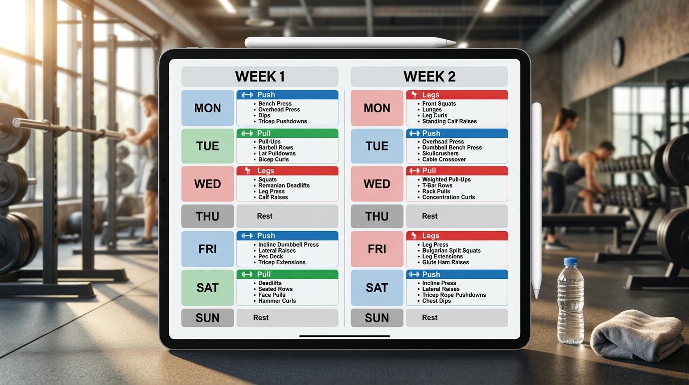 Weekly calendar showing push/pull/legs 5 day split rotation across two weeks with exercise examples listed for each training day